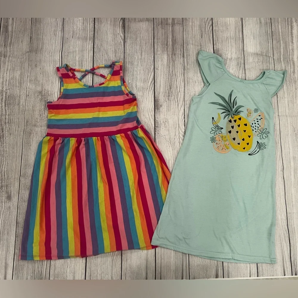 Bundle of 2 :Colorful summer Striped Dress & Pineapple Graphic girls 6-7 / 7-8 - Picture 3 of 10
